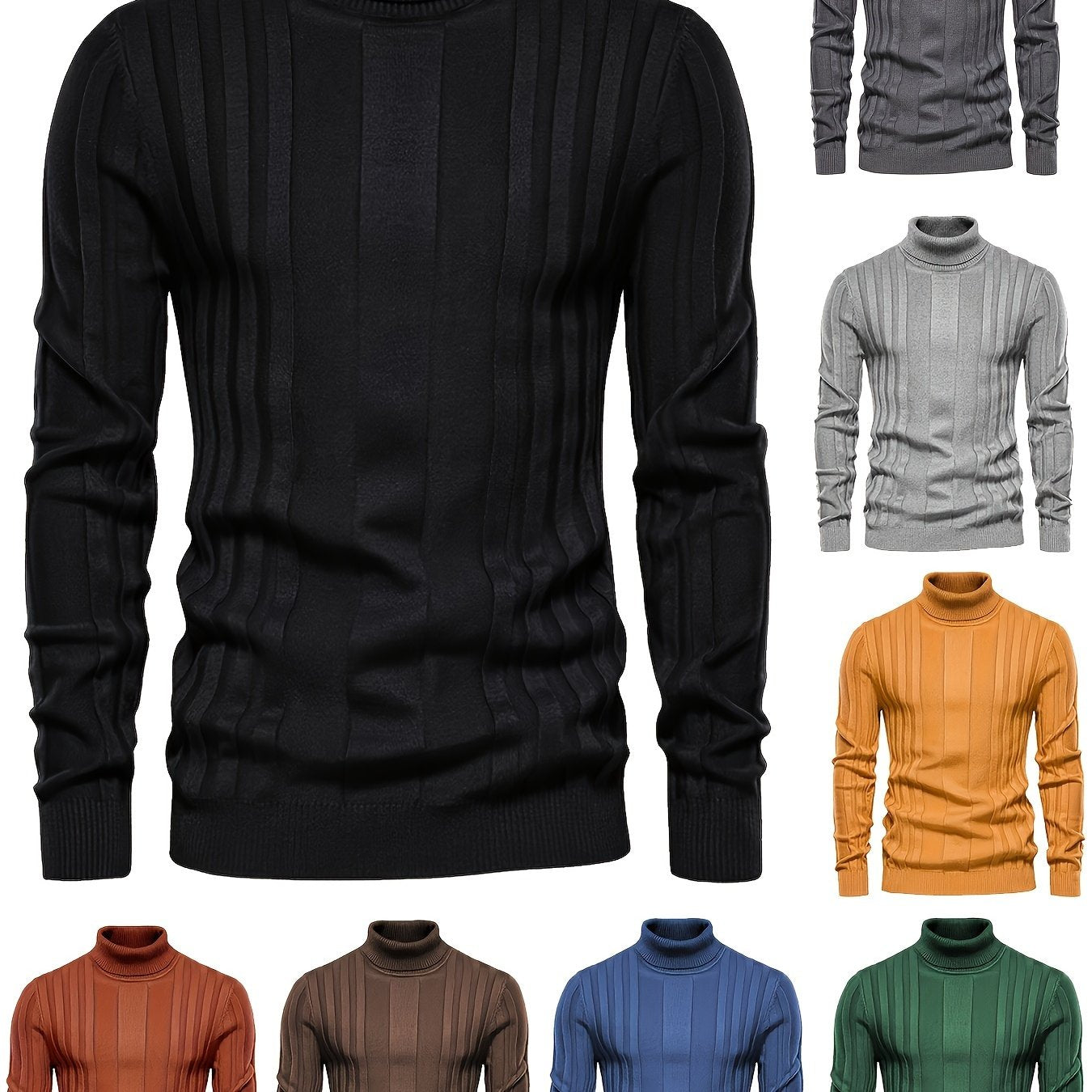 Cozy High Neck Knitted Sweater - Soft High Stretch Polyester Fabric, Long Sleeve, Regular Fit, Machine Washable, Solid Color Pullover for Men - Perfect for Spring and Fall Seasons