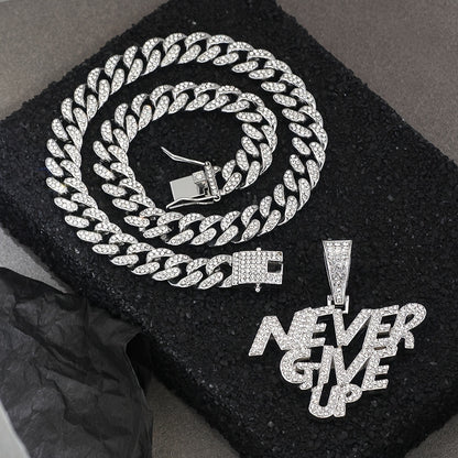 Glittering NEVERGIVEUP Pendant Necklace with Icy Cuban Chain - Trend-Setting Hip Hop Choker for Bold Men and Women