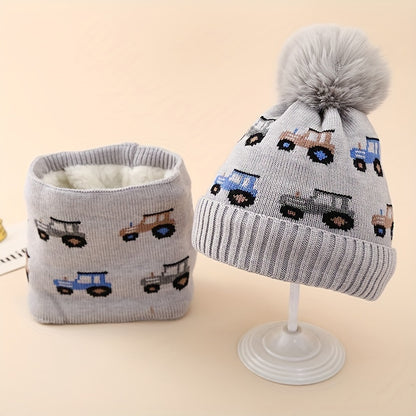 Festive Kids' Knit Hat and Scarf Set: 3-8 Years Old, 16cm/6.3inch Hat, 18cm/7inch Scarf, 19cm/7.48inch Hat, 20cm/7.87inch Scarf, Cartoon Car Pattern, Warm and Cozy, Suitable for Boys 3-14 Years Old