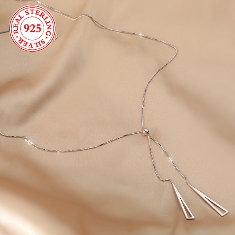 Premium S925 Sterling Silver Geometric Triangle Lariat Necklace - Effortlessly Adjustable Pull-Chain Design - Timeless Minimalist Style for Vacation or Everyday Glam - Y Shape Sterling Silver Accessory