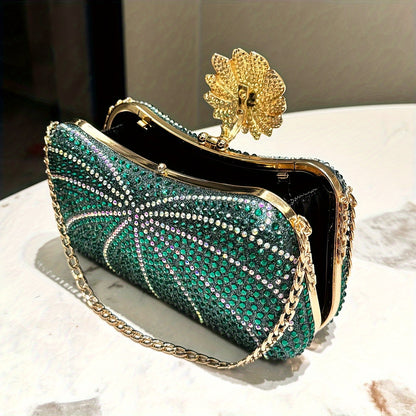 Luxurious Green Clutch Purse, Elegant Evening Bag With Golden Color Chain, Synthetic Material Handbag For Parties And Weddings