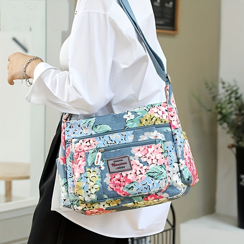 Floral Pattern Crossbody Bag - Water-Resistant Nylon Shoulder Bag with Multiple Pockets, Polyester Lining, and Zipper Closure - Perfect Mothers Day Gift for Mom or Any Occasion