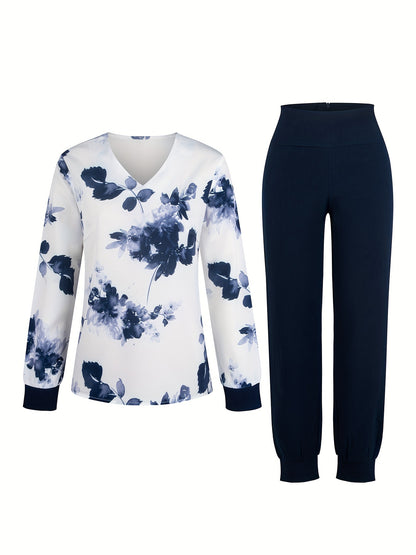 Leaf Print Two-piece Set, V Neck Long Sleeve Top & Baggy Joggers Outfits, Women's Clothing