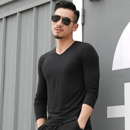 Men's Long-Sleeved Solid Color T-shirt V-neck T-shirt Solid Color Men's Long-Sleeved T-shirt Spring and Autumn Leisure Bottoming Shirt One Piece Dropshipping