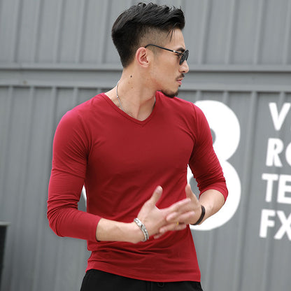 Men's Long-Sleeved Solid Color T-shirt V-neck T-shirt Solid Color Men's Long-Sleeved T-shirt Spring and Autumn Leisure Bottoming Shirt One Piece Dropshipping