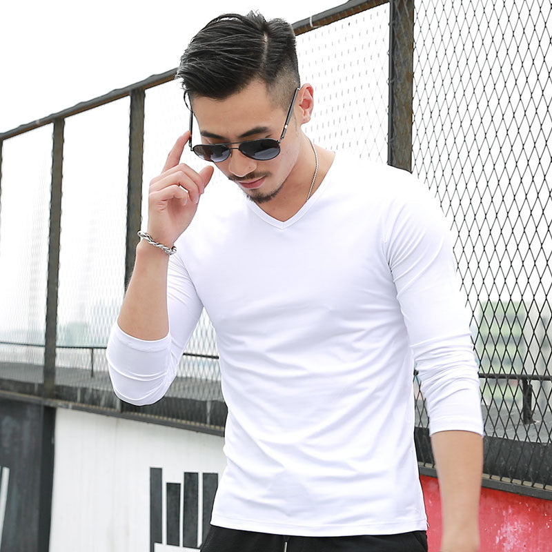 Men's Long-Sleeved Solid Color T-shirt V-neck T-shirt Solid Color Men's Long-Sleeved T-shirt Spring and Autumn Leisure Bottoming Shirt One Piece Dropshipping