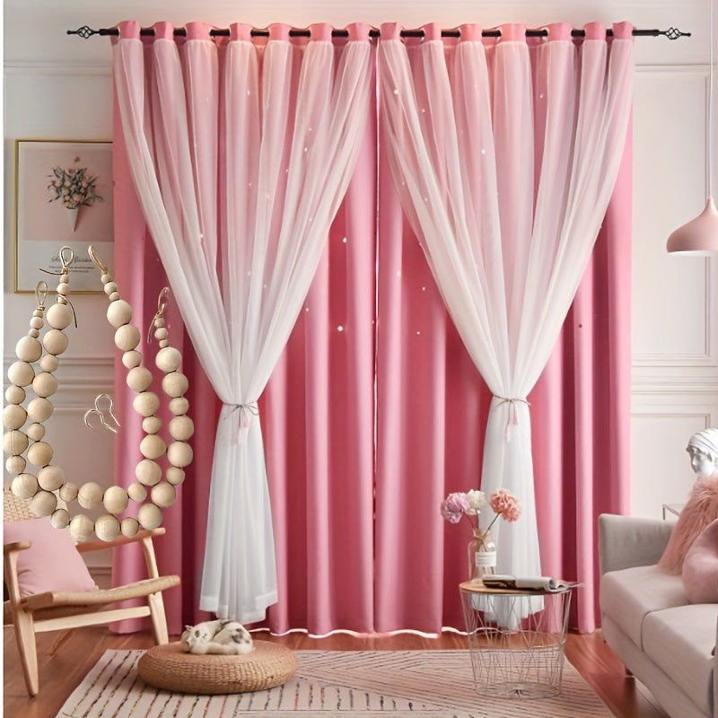 4Pcs Set Of 2 Pieces 41X85 Inch Star Curtain + 2 Pieces Nordic Style Wooden Bead Curtain Strap Double Curtain Bedroom Curtain Blackout Hollow Star Curtain Romantic Curtain