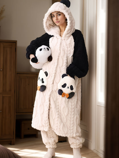 Cute Cartoon Panda Fleece Thickened Jacquard Night Robe For Fall & Winter, Raglan Sleeve Hooded Loose Fit Robe With Pockets, Women's Sleepwear & Dresses