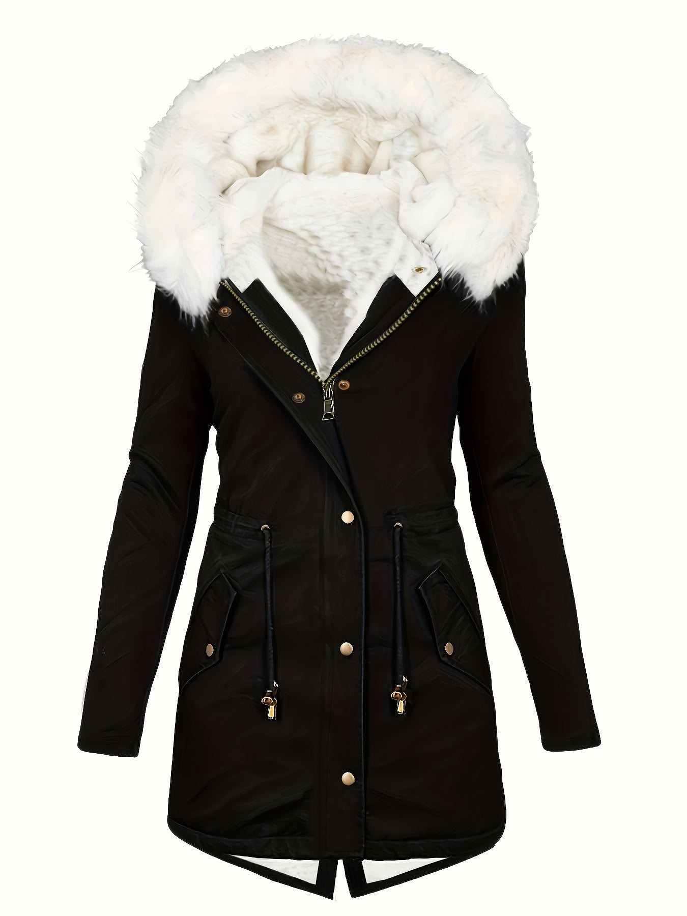 Womens Chic Thermal Parka Coat with Faux Fur Hood - Zip & Button Closure, Front Pockets, Ideal for Cold Weather