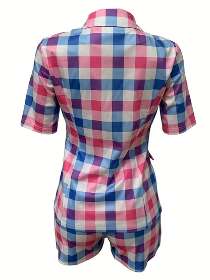 Casual Plaid Print Two-piece Set, Lapel Short Sleeve Button Front Outerwear & Comfy Shorts Outfits, Women's Clothing