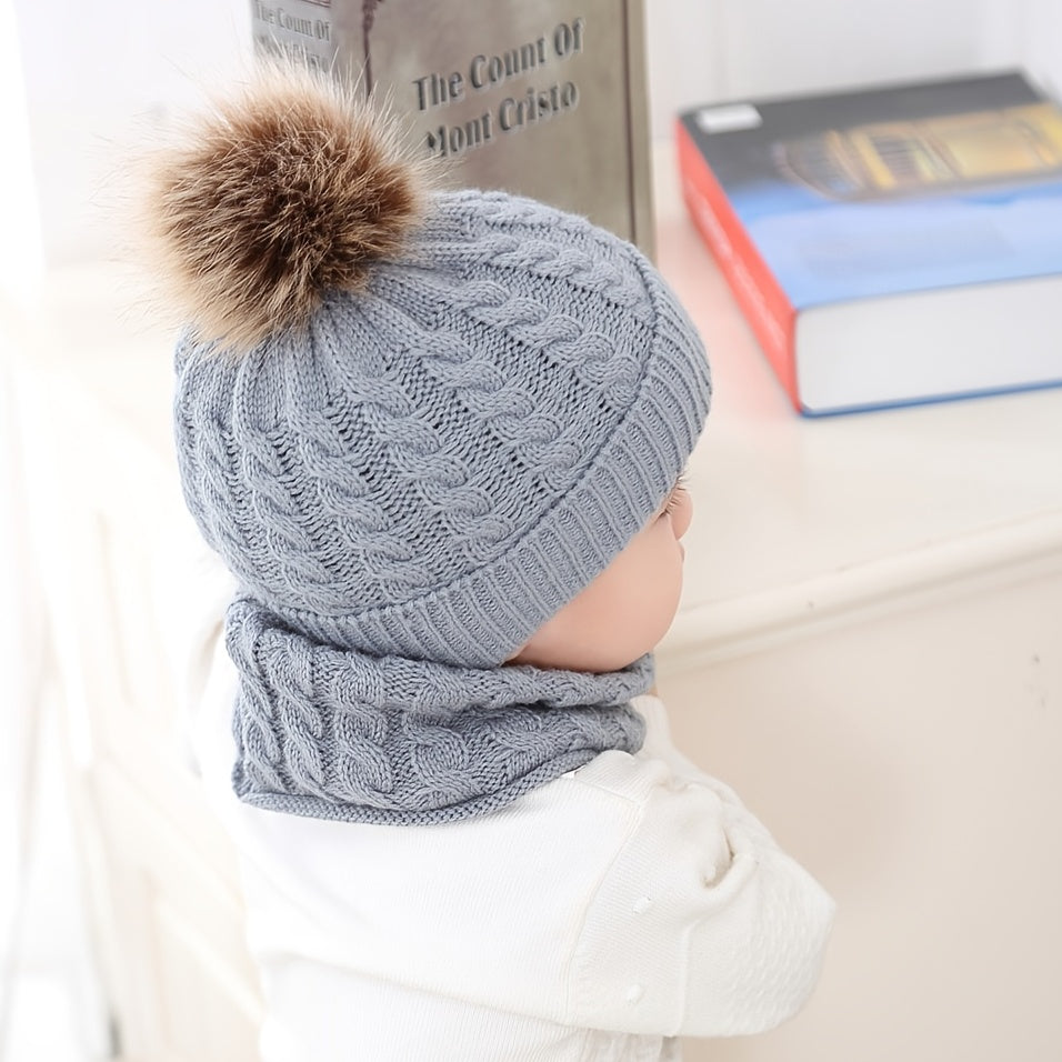 2pcs Baby Beanie Knitted Hat With Pom Pom & Scarf Set Solid Color Warm Winter For Boys And Girls