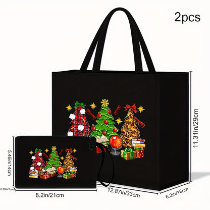 2PCS Light Linen Christmas Special Model No. 887 Printing Handbag Suit: Portable Travel Beach Bag with Cosmetic Bag