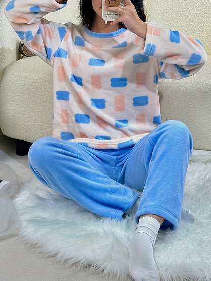 Women's Geometric Print Casual Fleece Thick Pajama Set, Long Sleeve Round Neck Top & Pants, Comfortable Relaxed Fit For Fall & Winter