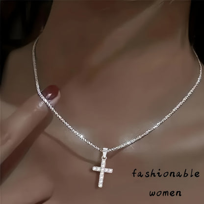 925 Sterling Silver Fashion Youth Plated Chain Cross Pendant Star Glitter Hypoallergenic Necklace, Elegant Temperament Cool Versatile Jewelry Perfect Gifts For Women