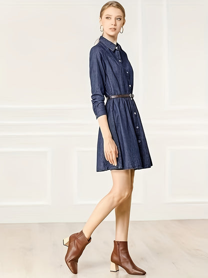 Plain Dark Blue Belted Elegant Denim Dress, Long Sleeve Single-breasted Pleated Flare Denim Shirt Dress, Women's Denim Jeans & Clothing