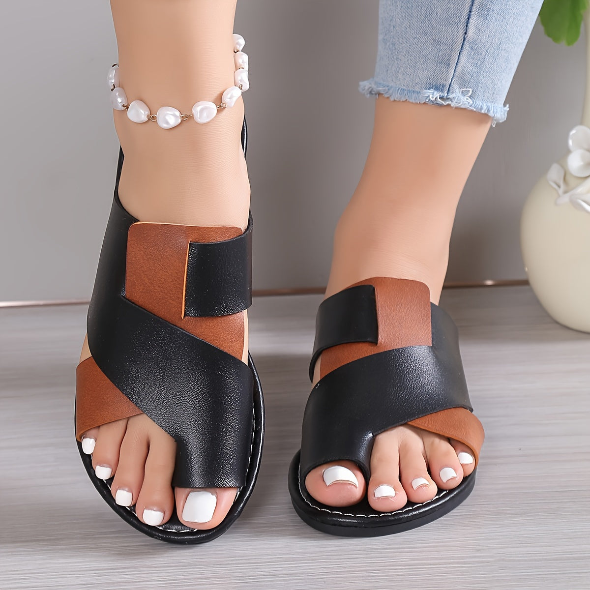 Women's Summer Slide Sandals - Stylish Contrast Color, Comfort Flat Heel, Breathable Open Toe