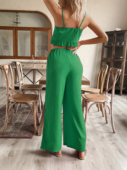 Chic Solid Color Two-Piece Set - Flattering Knotted Cami Top & Flowy Wide Leg Pants - Perfect Summer Outfit for Women - Versatile & Comfortable Wardrobe Staple