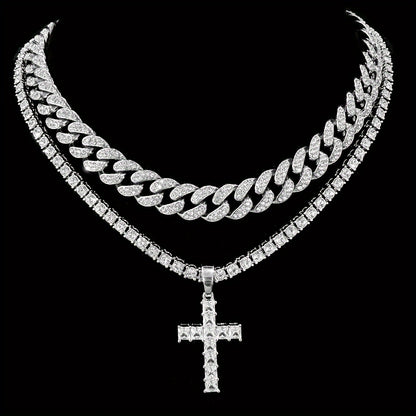 2pcs/Set Hip-hop Miami Cuban Chain Zircon Cross Necklace For Women Men Iced Out Rhinestone Rapper Punk Unisex Necklace Jewelry Gifts