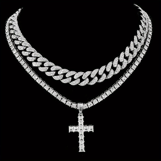 2pcs/Set Hip-hop Miami Cuban Chain Zircon Cross Necklace For Women Men Iced Out Rhinestone Rapper Punk Unisex Necklace Jewelry Gifts