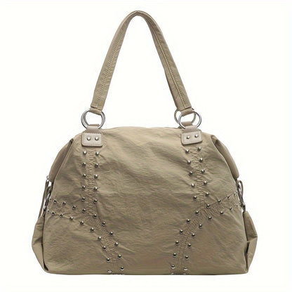 Nylon Tote Bag with Studded Detailing, Casual Large Capacity Shoulder Bag for Work and Everyday Use, Zippered Closure with Fixed Shoulder Straps, Polyester Lined - Baigou, Available in White, Black, Green, Coffee