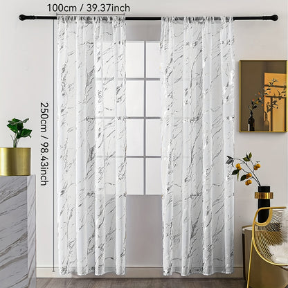 2pcs Golden Marble Printed Semi Blackout Sheer Curtains For Living Room & Bedroom Office Window Decoration Home Decor