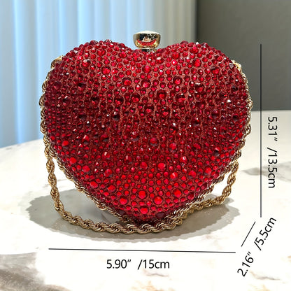 Rhinestone Heart-Shaped Clutch Purse, Fashionable Evening Bag With Chain Strap, Glittering Elegant Handbag For Parties, Prom, Weddings