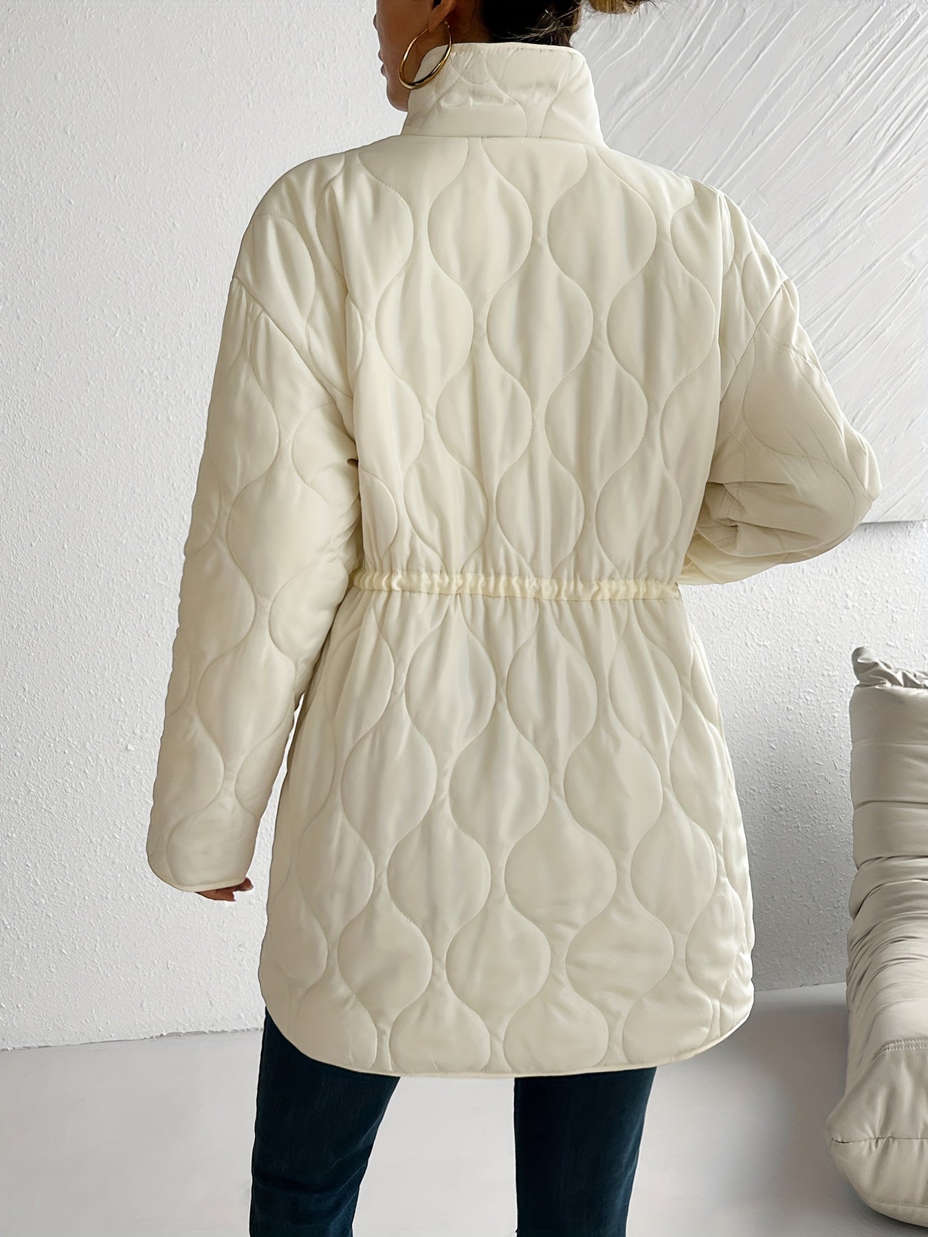 Quilted Button Front Drawstring Waist Jacket Coat, Casual Long Sleeve Warm Outerwear For Winter, Women's Clothing