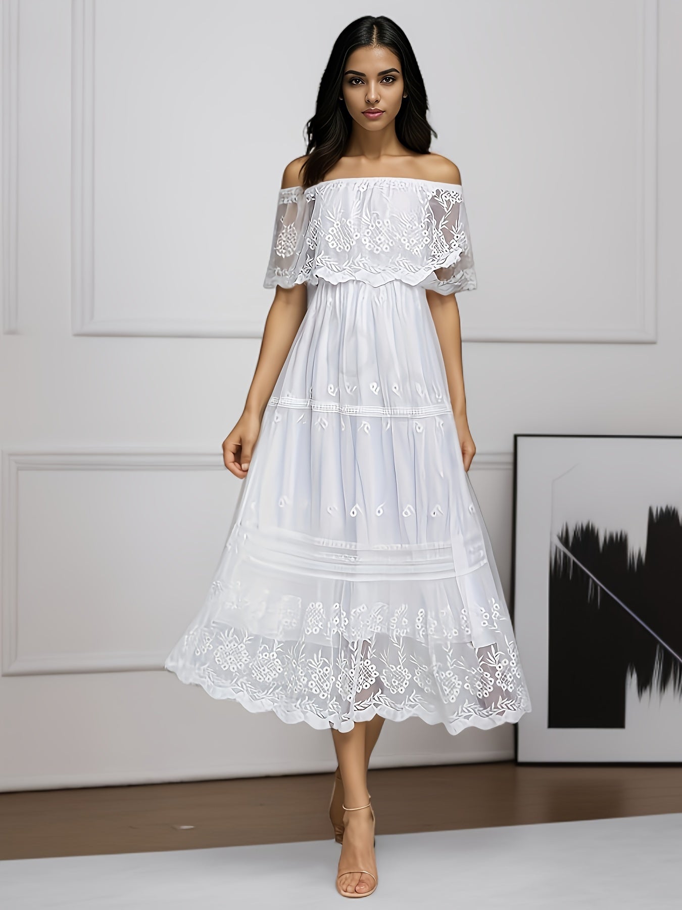 Romantic Off-Shoulder Lace Ruffle Maxi Dress - Flirty Solid Color, Layered Short Sleeves, Perfect for Spring & Summer Vacations - Womens Fashion Clothing