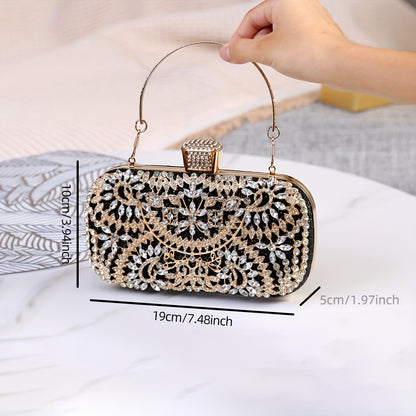 Hollow Rhinestone Flower Evening Bag, Luxury Box Clutch Purse, Women's Handbag For Wedding Party Prom Banquet And For Music Festival