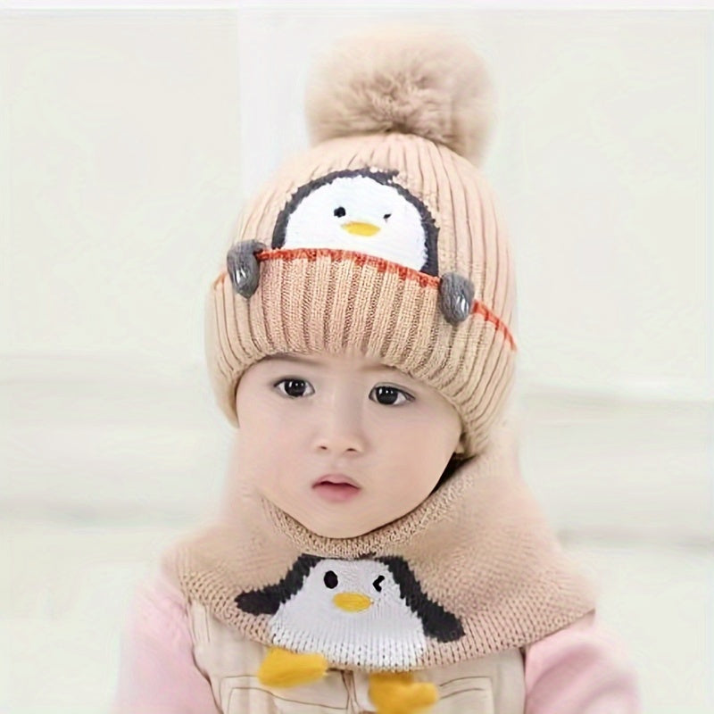 Penguin-Themed Hat & Scarf Combo For Young Ones - Thick, Warm Winter Gear, Ideal For Christmas And Halloween, Suitable For 3 To 14 Years