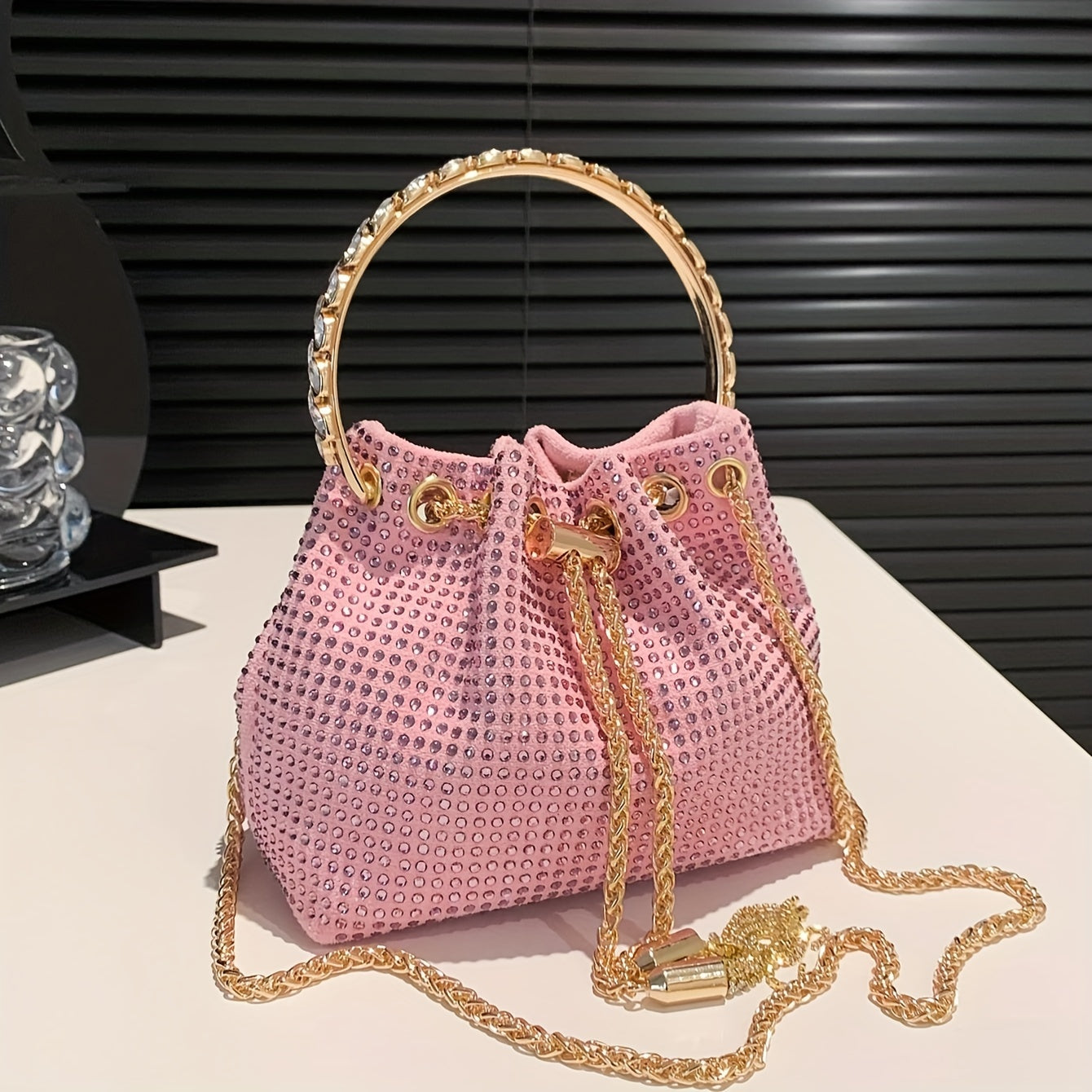 All Over Bright Rhinestone Bucket Bag, Drawstring Small Banquet Satchel Bag, Women's Luxury Dinner Shoulder Chain Bag And For Music Festival