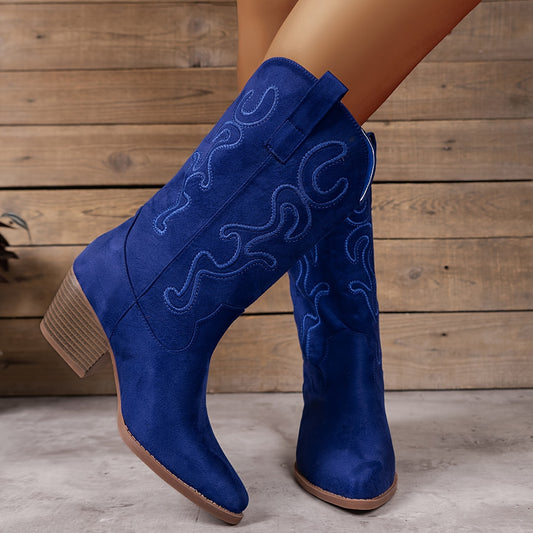 Womens Chic Embroidered Western Boots - Trendy Chunky Heel Mid-Calf Style, Pointed Toe Comfort for Vacation Wear