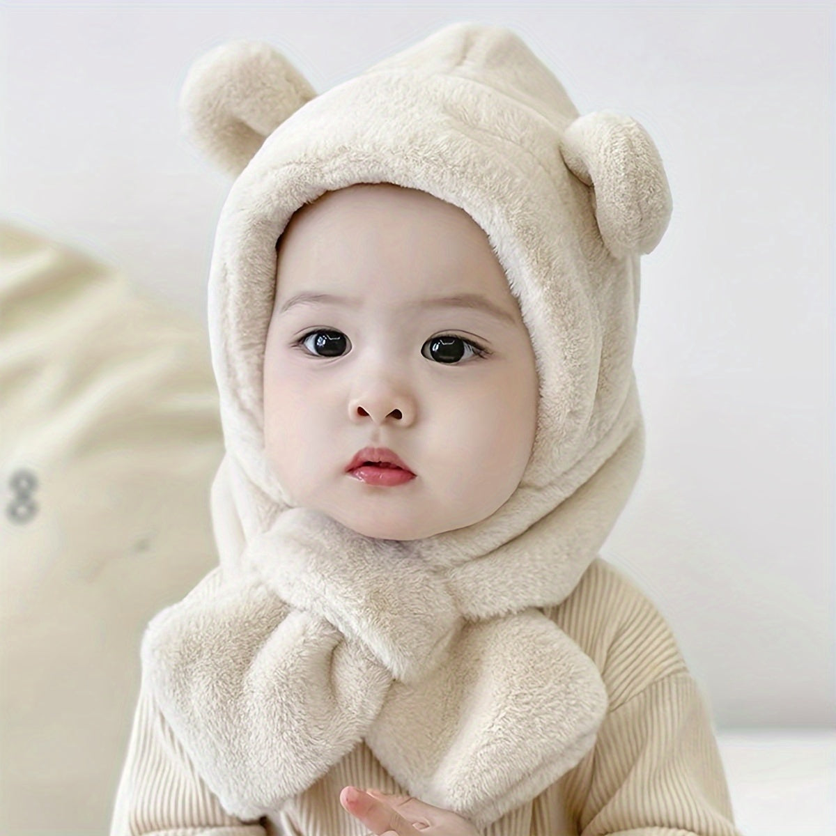 1pc Winter Baby Bear Ear Plush Hat And Scarf Integrated For Daily And Outdoor Cold Protection