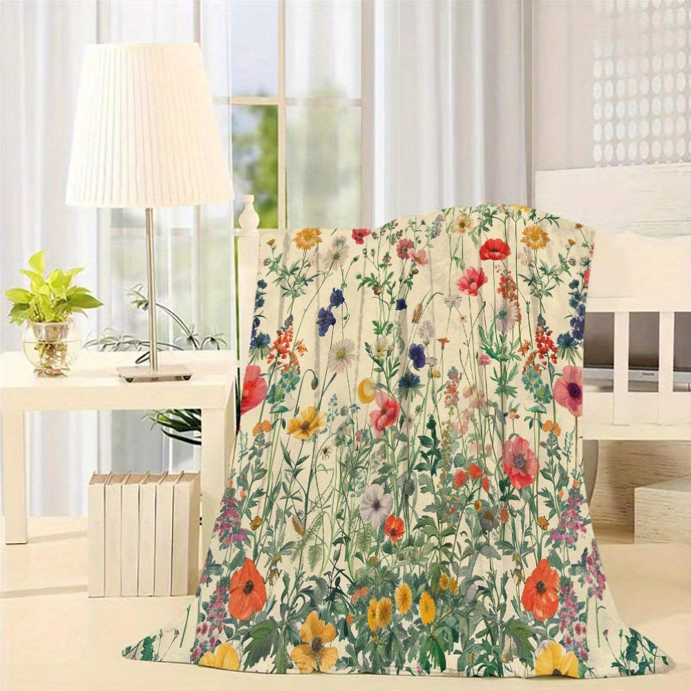 Floral Series Flannel Fleece Throw Blanket - All-Season Lightweight Soft Cozy Polyester - Woven Contemporary Style for Sofa, Couch - Printed Bloom Pattern - Versatile Gift Blanket