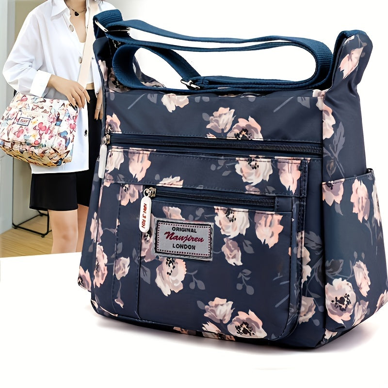 Floral Pattern Crossbody Bag - Water-Resistant Nylon Shoulder Bag with Multiple Pockets, Polyester Lining, and Zipper Closure - Perfect Mothers Day Gift for Mom or Any Occasion