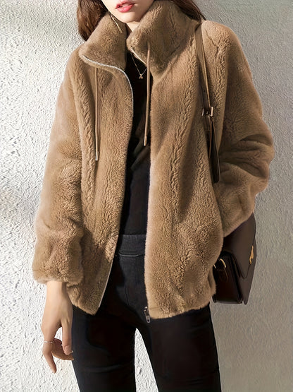 Furry Teddy Drawstring Coat - Women's Fur Outerwear, Casual Long Sleeve Zip Up Warm Jacket with Soft Plush Lining, Perfect for Winter Daily Wear