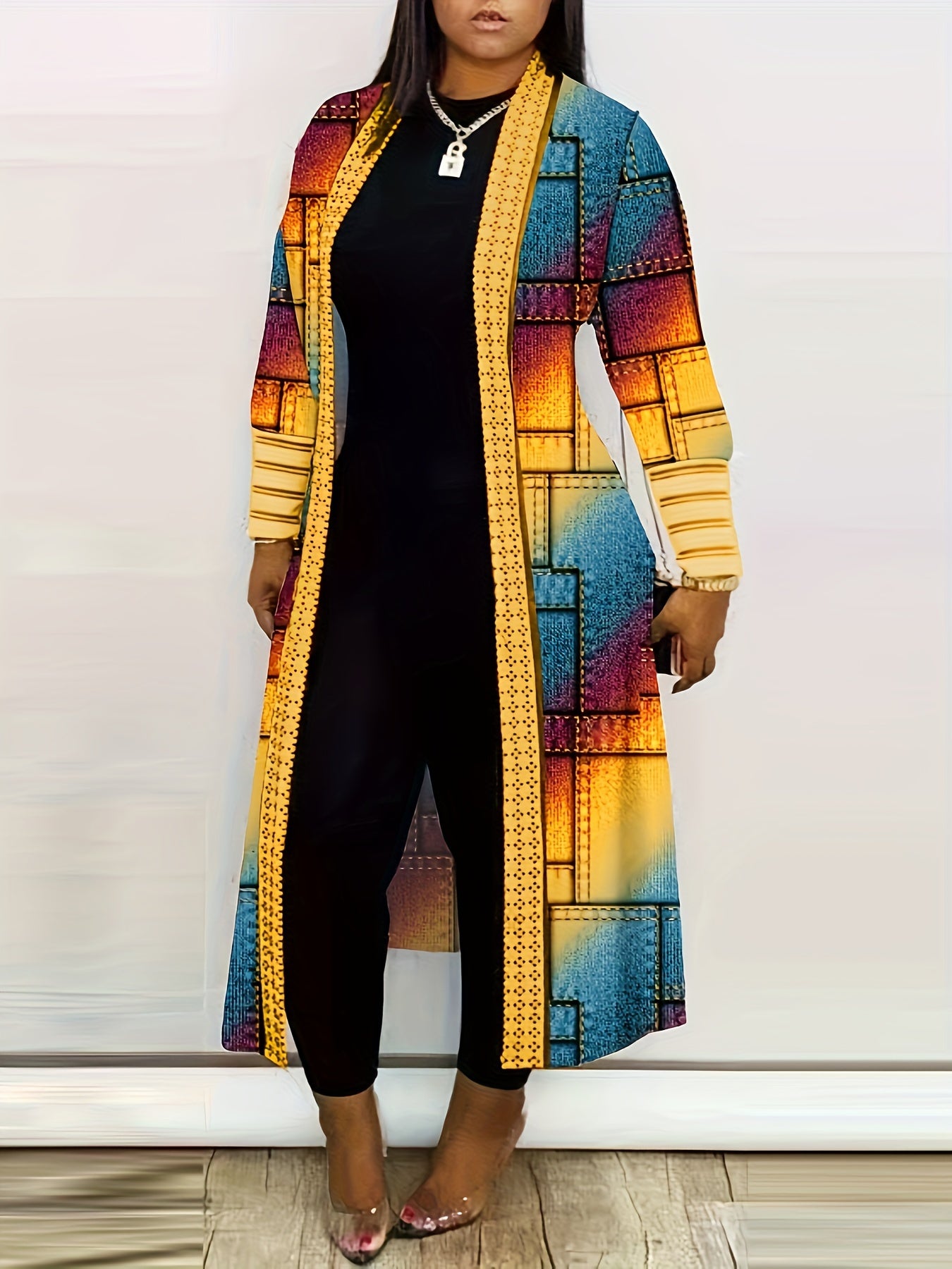 All-Season Chic Geometric Print Cardigan - Elegant, Durable Knit with Easy-Care Elasticity