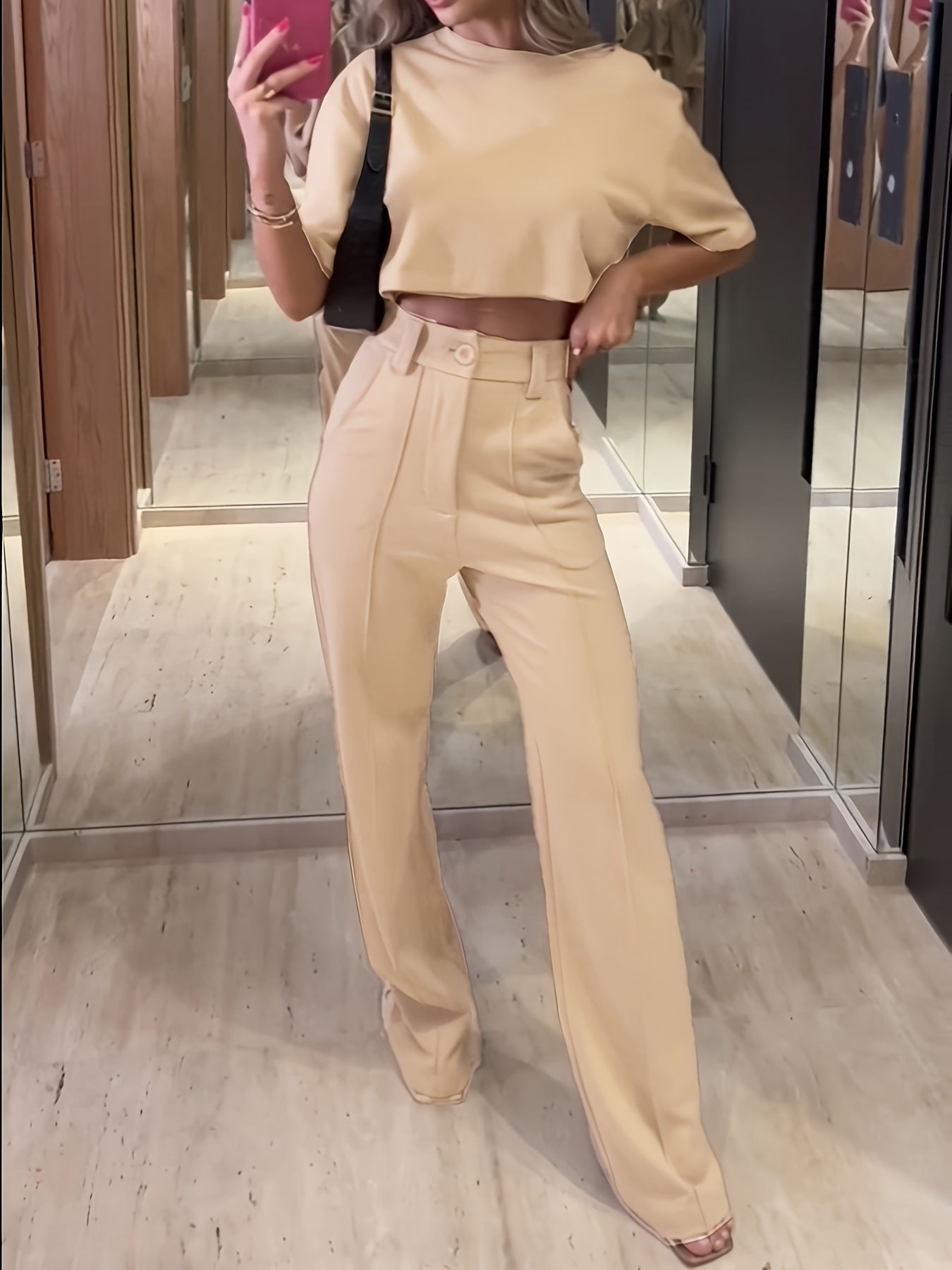 Two-Piece Solid Color Suit - Pantsuits for Women - Round Neck Short Sleeve Top and High Waist Straight Pants Set with Comfortable Fabric