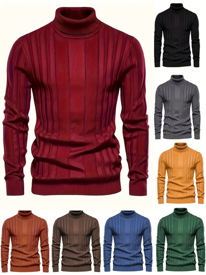 Cozy High Neck Knitted Sweater - Soft High Stretch Polyester Fabric, Long Sleeve, Regular Fit, Machine Washable, Solid Color Pullover for Men - Perfect for Spring and Fall Seasons