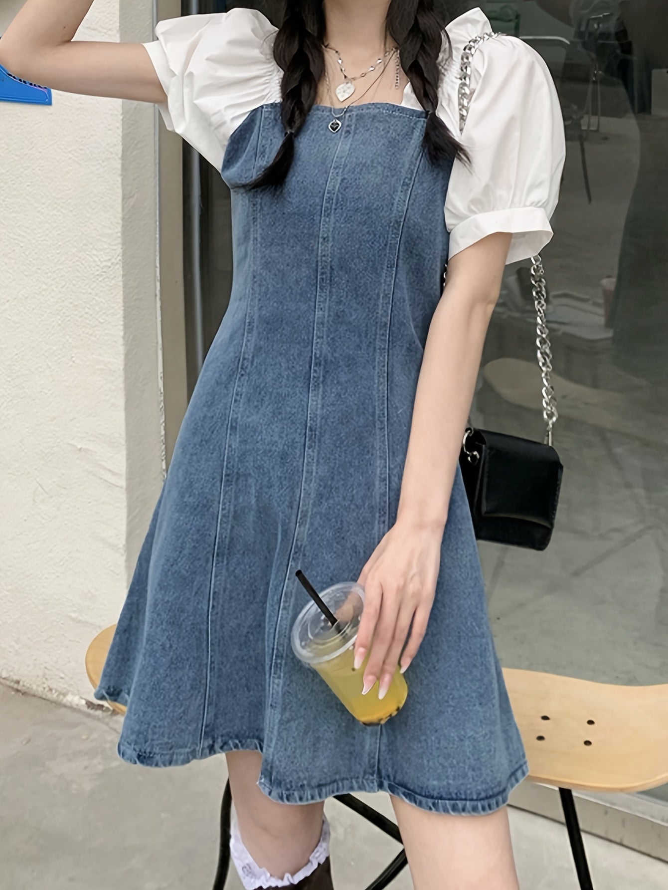 Vibrant Womens Denim Dress - Relaxed Fit, Trendy Patch Puff Sleeve, Short Sleeve, Solid Color, Versatile for Multiple Styling Options - Inspired by Street Fashion, Perfect for Summer Outings