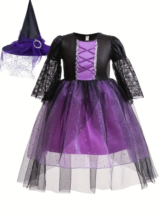 2PCS Girls' Magical Character Dress Up Outfit with Short Sleeve Lace Trim Layered Tutu and Pointed Hat for Halloween Party & Stage Performance