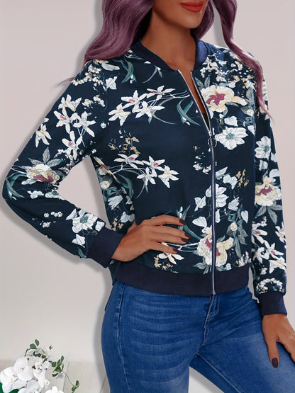 Stylish Women's Floral Print Bomber Jacket - Casual Zip Up Long Sleeve Outerwear for Everyday Wear