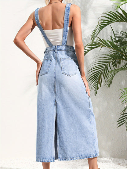 Women's Casual Denim Overalls Dress, Stylish Fashion Full Length Jean Pinafore With Adjustable Straps, Versatile Dress-Up For Daily Wear For Fall & Winter