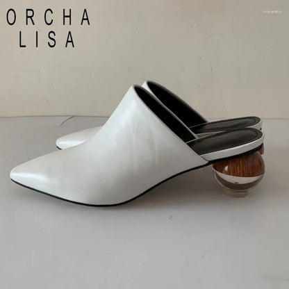 Slippers ORCHA LISA Woman Real Cow Leather Shoes Pointed Toe Mules Ball Clear Heels Sheepskin Summer Pantoufle