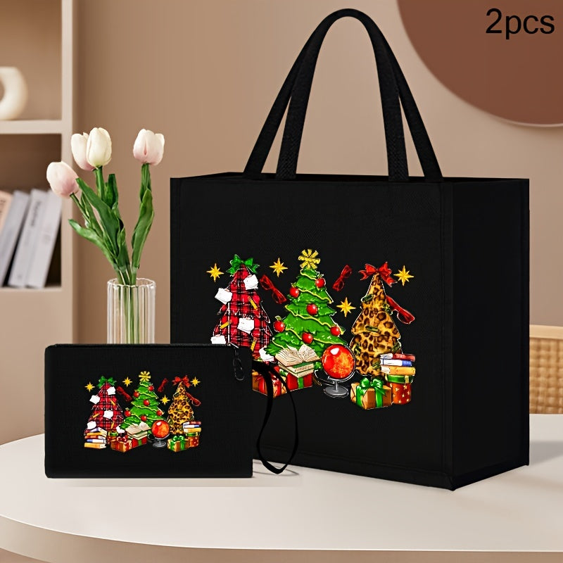 2PCS Light Linen Christmas Special Model No. 887 Printing Handbag Suit: Portable Travel Beach Bag with Cosmetic Bag