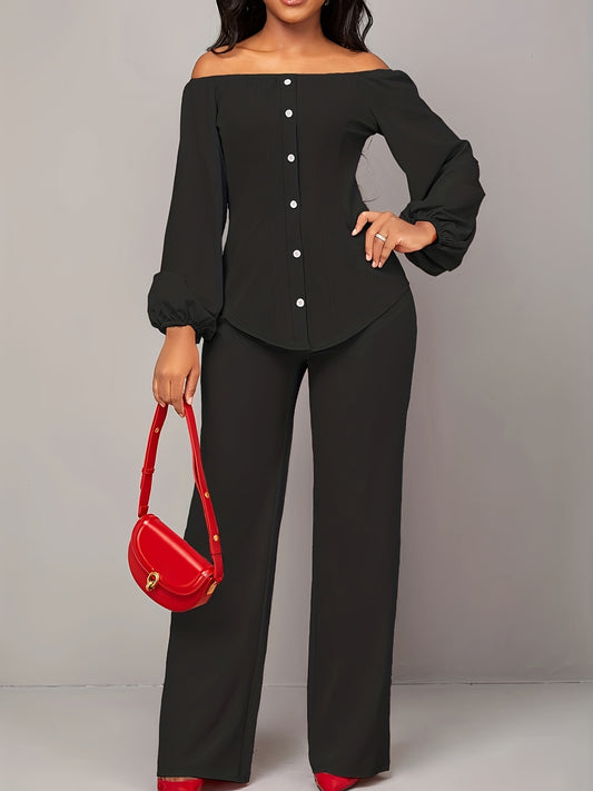 Chic Off-Shoulder Lantern Sleeve Top & Straight Leg Pants Set - Casual Elegance for Modern Women