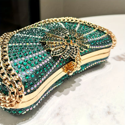 Luxurious Green Clutch Purse, Elegant Evening Bag With Golden Color Chain, Synthetic Material Handbag For Parties And Weddings