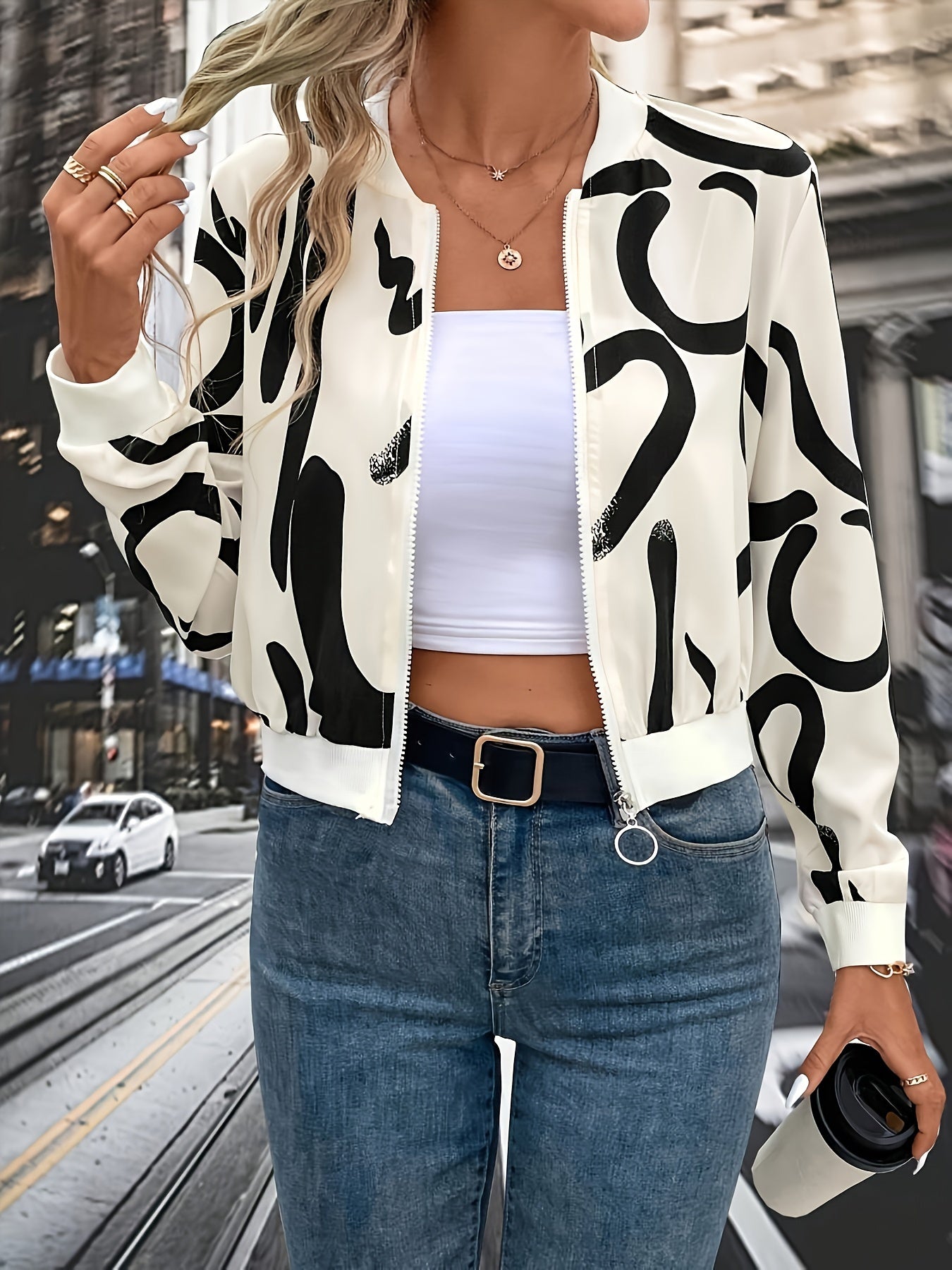 Vibrant Allover Print Long Sleeve Casual Jacket - Women's Full Zip Jacket for Spring & Fall - Stylish, Comfortable, and Versatile Outerwear for Everyday Wear