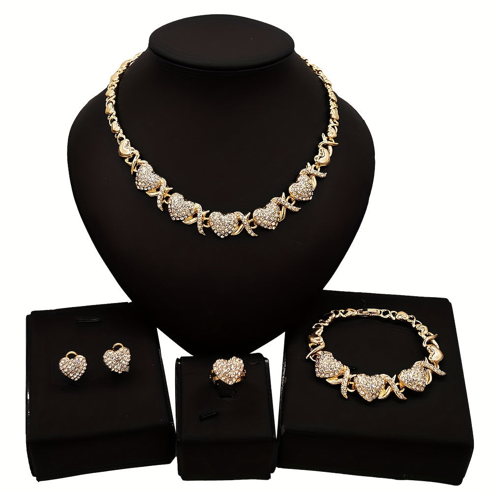 4PCS Luxury Mosaic Jewelry Set - Exquisite Synthetic Zircon Necklace, Pendant, Stud Earrings, and Promise Rings for Women - Ideal Mothers Day Gift, Girlfriend Present, Wedding Party Jewelry with Alloy Material and Graceful Theme