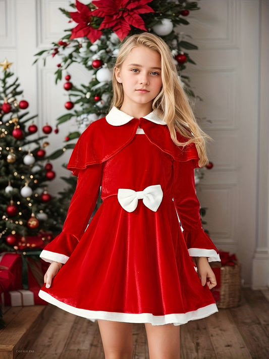 Girls 2-piece Christmas Style Flared Sleeve Color Block Long Sleeve Dress + Shawl Set, Elegant And Stylish For Autumn And Winter Outdoor Party Wear